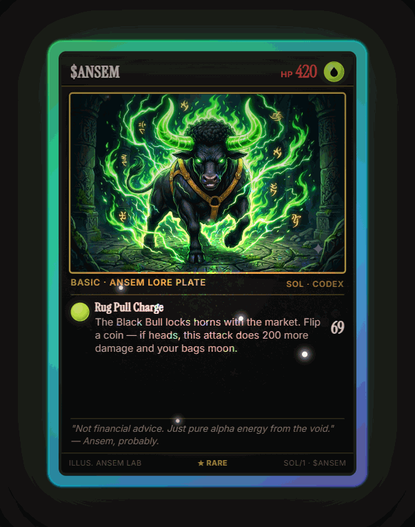 Animated black bull holofoil trading card showcase